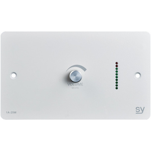 Wall-mounting Audio Amplifier 2 x 25W Into 8ohm at 24V (supplied). Balanced Line In, RS232 & Rotary Volume. UK 2-gang White Faceplate