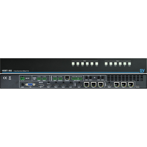 1x VGA, 1x DP, 4x HDMI In With 2 Matrix Zoned Outputs - Zone One Has 3 x HDBT 70m + 1 HDMI & De-embedded Audio. Zone Two Has 3 x HDBT 100m + 1 HDMI & De-embedded Audio. Control: RS232, IR, TC