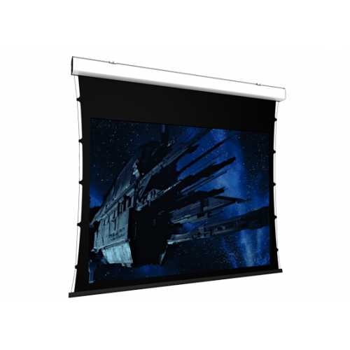 Screen International Compact Tensioned VA 250cm x 156cm, 16/10 Format Tensioned Electric Screen, Matt White Surface, 30cm Black Drop and 5cm Black Side Borders - White case - 220v motor