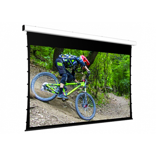 Screen International Major Tensioned VA 350cm x 219cm, 16/10 Format Tensioned Electric Screen, Matt White Surface ( will have a seam) 30cm Black Drop and 5cm Black Side Borders - White case -